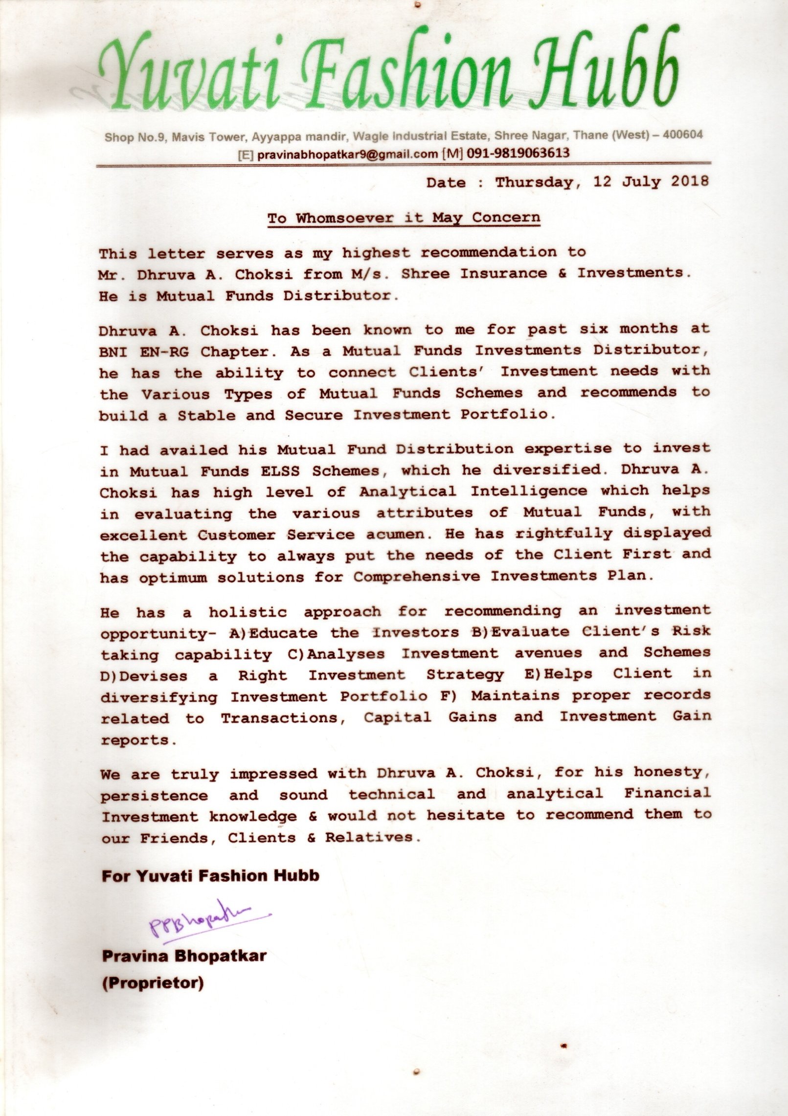 Testimonial letter from Pravina Bhopatkar, Yuvati Fashion Hubb